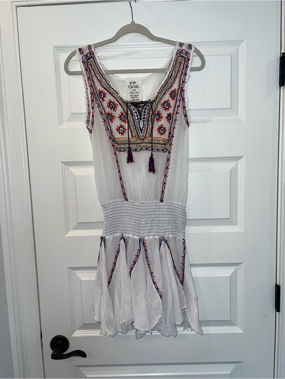 Free People FP One Fez Embroidered Gauze Mini Dress White Boho Tassel Small - Picture 9 of 11
